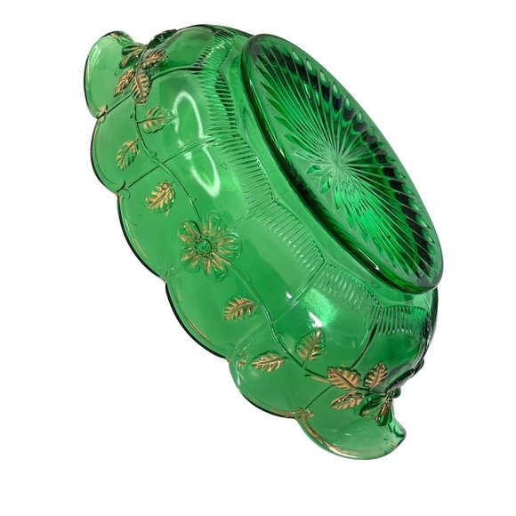 EAPG Bowl Emerald Green & Gold Paneled Dogwood Circa 1905 - 1915 Antique 12" - Picture 4 of 8